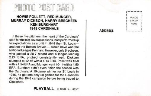 1983 TCMA Play Ball Postcards #7 Howie Pollet / Red Munger / Murry Dickson / Harry Brecheen / Ken Burkhart Back