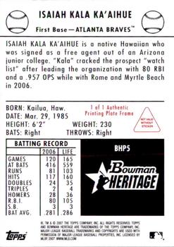 2007 Bowman Heritage - Prospects Printing Plates Black #BHP5 Kala Ka'aihue Back