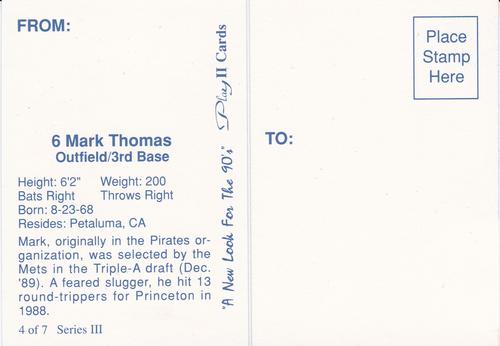 1990 Play II Columbia Mets Postcards #4 Series III Mark Thomas Back