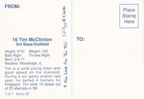 1990 Play II Columbia Mets Postcards #7 Series III Tim McClinton Back