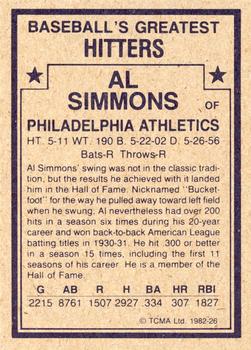 1982 TCMA Baseball's Greatest Hitters (Tan Back) #26 Al Simmons Back