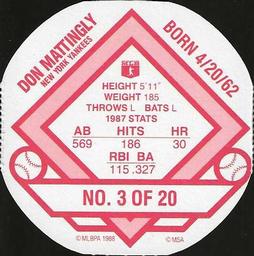 1988 Super Stars Discs #3 Don Mattingly Back
