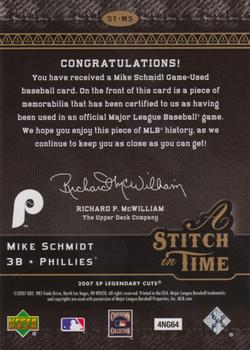 2007 SP Legendary Cuts - A Stitch in Time Memorabilia #ST-MS Mike Schmidt Back