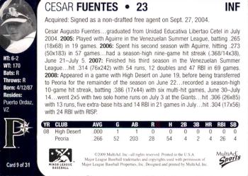2009 MultiAd Pulaski Mariners #9 Cesar Fuentes Back
