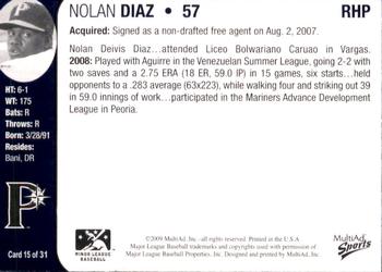 2009 MultiAd Pulaski Mariners #15 Nolan Diaz Back