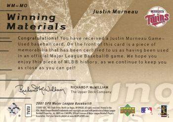 2007 SPx - Winning Materials 199 Gold #WM-MO Justin Morneau Back