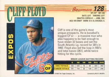 1993 Bowman #128 Cliff Floyd Back