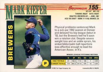 1993 Bowman #155 Mark Kiefer Back