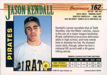 1993 Bowman #162 Jason Kendall Back