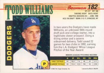 1993 Bowman #182 Todd Williams Back
