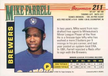 1993 Bowman #211 Mike Farrell Back