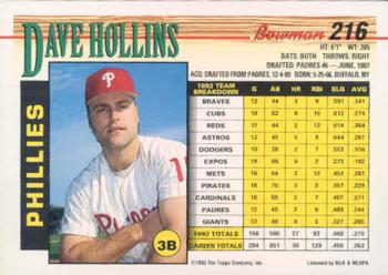 1993 Bowman #216 Dave Hollins Back