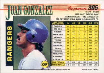 1993 Bowman #305 Juan Gonzalez Back