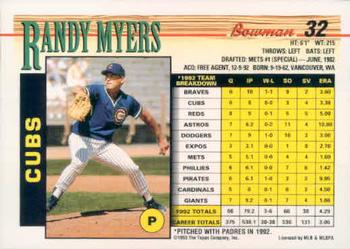 1993 Bowman #32 Randy Myers Back