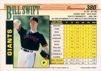 1993 Bowman #380 Bill Swift Back