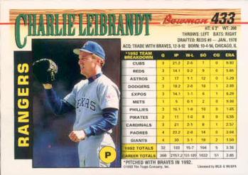 1993 Bowman #433 Charlie Leibrandt Back