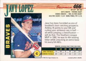 1993 Bowman #466 Javy Lopez Back