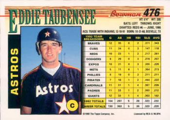 1993 Bowman #476 Eddie Taubensee Back