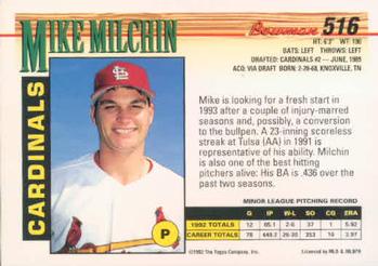 1993 Bowman #516 Mike Milchin Back