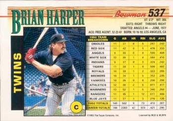 1993 Bowman #537 Brian Harper Back