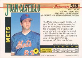 1993 Bowman #538 Juan Castillo Back