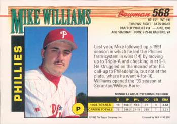 1993 Bowman #568 Mike Williams Back