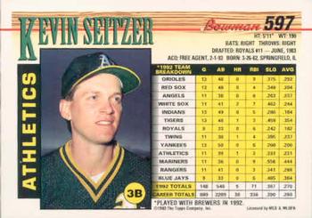 1993 Bowman #597 Kevin Seitzer Back