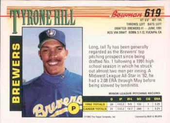 1993 Bowman #619 Tyrone Hill Back