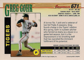 1993 Bowman #671 Greg Gohr Back