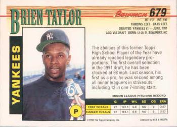 1993 Bowman #679 Brien Taylor Back