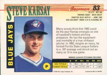 1993 Bowman #83 Steve Karsay Back