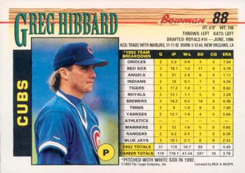 1993 Bowman #88 Greg Hibbard Back