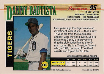 1993 Bowman #95 Danny Bautista Back