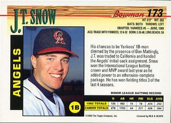 1993 Bowman #173 J.T. Snow Back