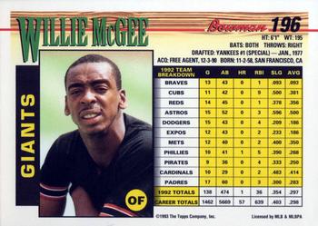 1993 Bowman #196 Willie McGee Back