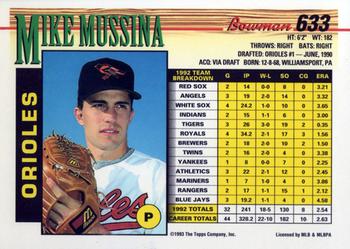 1993 Bowman #633 Mike Mussina Back