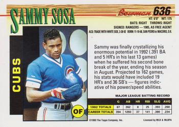 1993 Bowman #636 Sammy Sosa Back