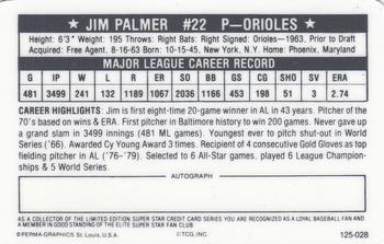 1981 Perma-Graphics Superstar Credit Cards #028 Jim Palmer Back