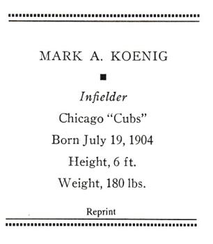 1933 Tattoo Orbit (R305) (reprint) #NNO Mark Koenig Back