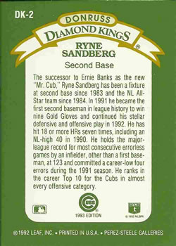 1993 Donruss - Diamond Kings #DK-2 Ryne Sandberg Back