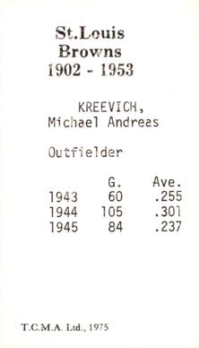 1974-75 TCMA St. Louis Browns #NNO Michael Kreevich Back