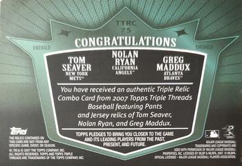 2007 Topps Triple Threads - Relics Combos Emerald #TTRC75 Greg Maddux / Nolan Ryan / Tom Seaver Back