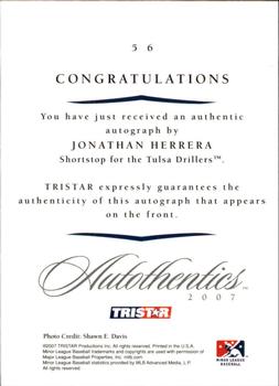 2007 TriStar Autothentics - Autographs #56 Jonathan Herrera Back