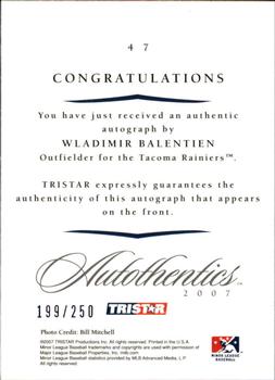 2007 TriStar Autothentics - Autographs Blue #47 Wladimir Balentien Back