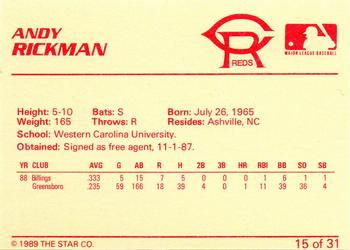 1989 Star Cedar Rapids Reds - Platinum #15 Andy Rickman Back
