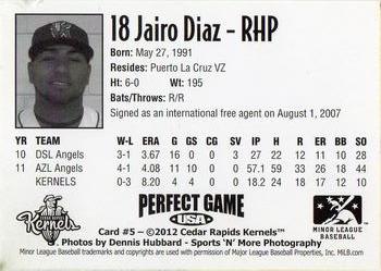 2012 Perfect Game Cedar Rapids Kernels #5 Jairo Diaz Back