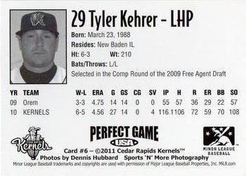 2011 Perfect Game Cedar Rapids Kernels #6 Tyler Kehrer Back