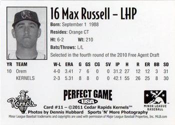 2011 Perfect Game Cedar Rapids Kernels #11 Max Russell Back
