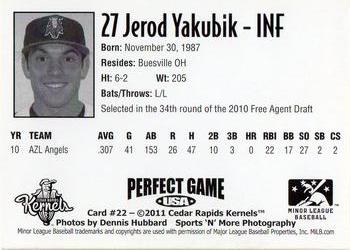 2011 Perfect Game Cedar Rapids Kernels #22 Jerod Yakubik Back