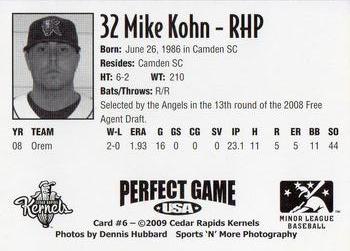 2009 Perfect Game Cedar Rapids Kernels #6 Mike Kohn Back